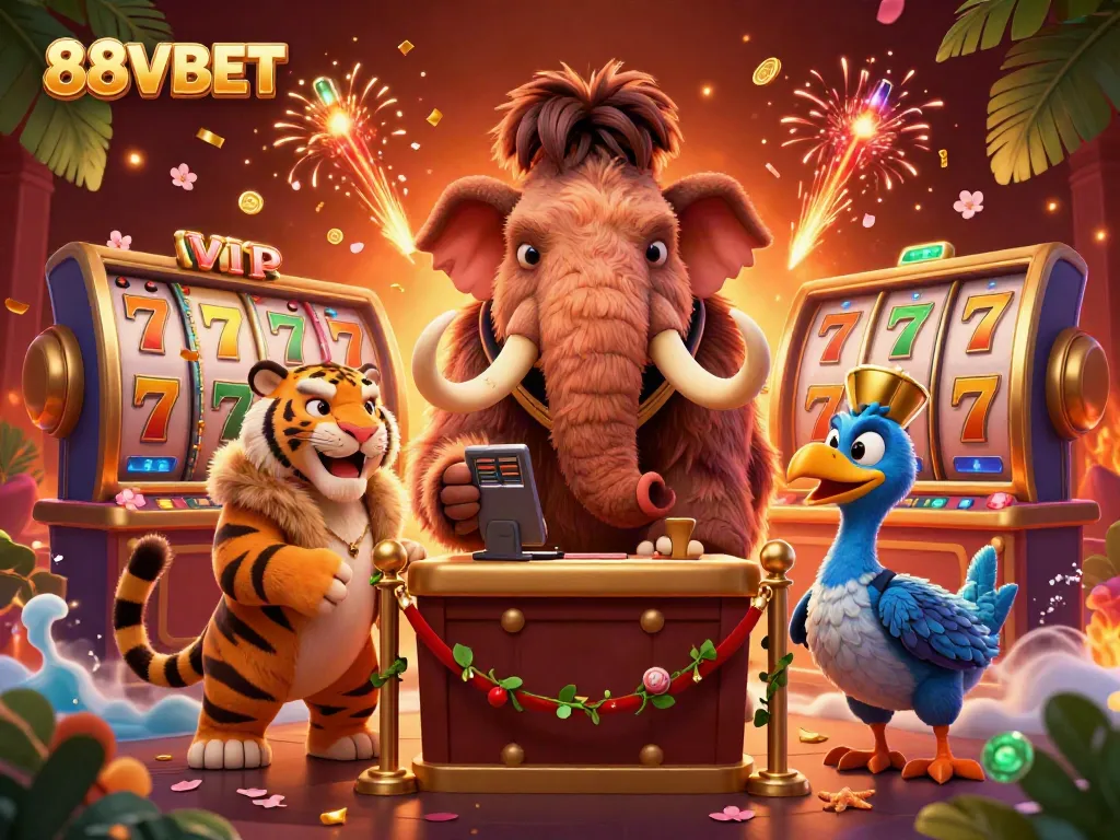 Engage with exhilarating slots at 88VBET featuring a vibrant cartoon scene of characters and gaming elements.