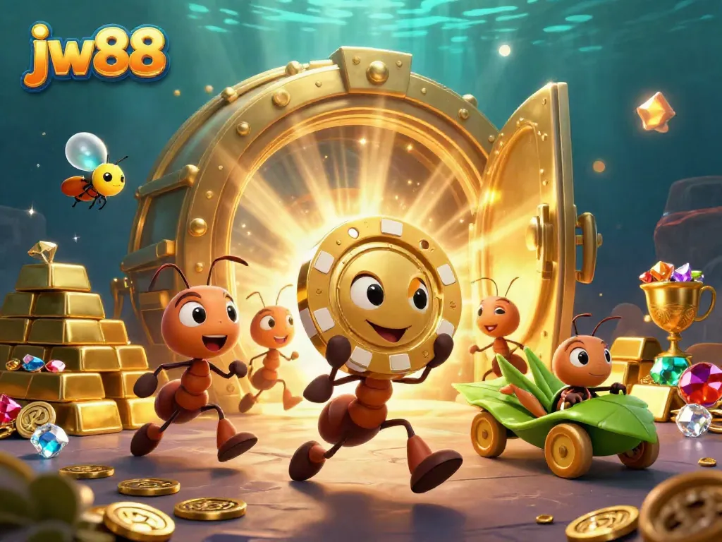 Experience JW88 through a heist with cartoon ants as they transport a giant golden poker chip in an exciting underground scene.
