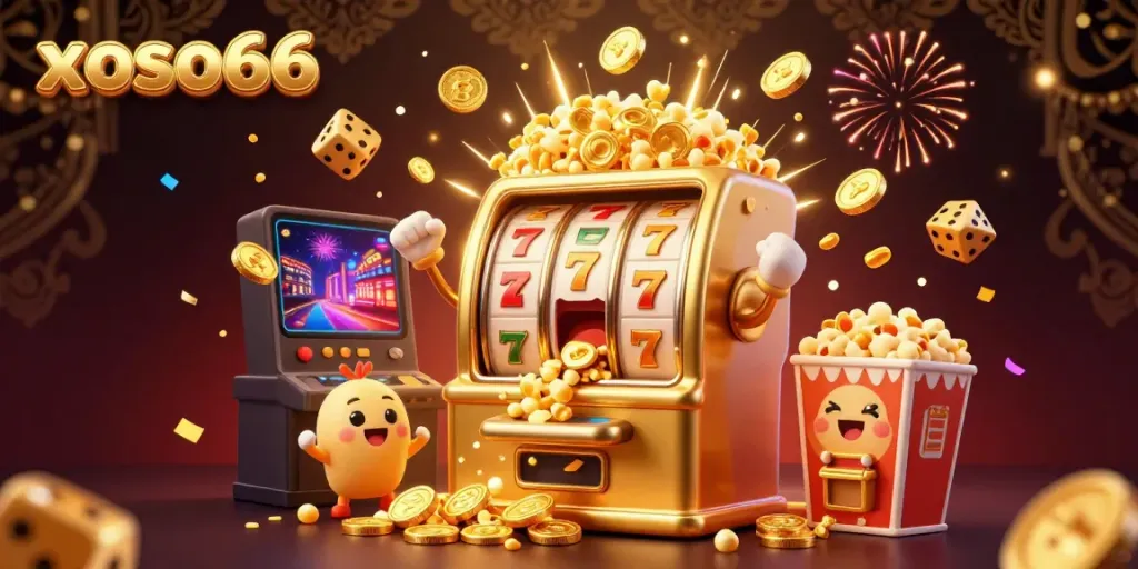Watch xoso66's dazzling slot machine hit the jackpot, showering coins with cheers from baby machines.