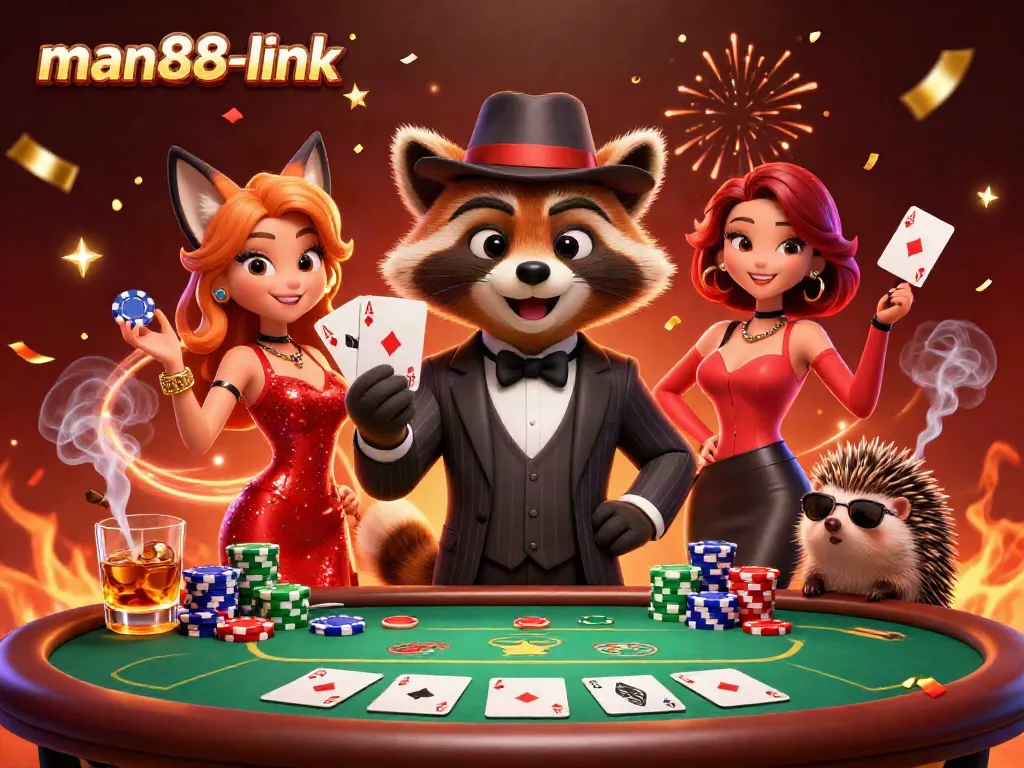 Experience high-stakes poker action with man88-link, featuring a suave raccoon and his glamorous companions.