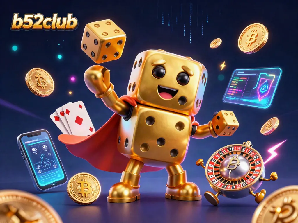Engage in gaming excitement with b52club as golden dice juggle amidst shimmering crypto elements.