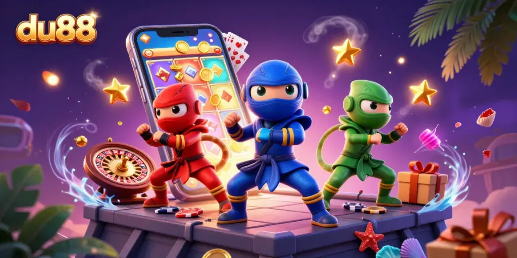 Experience the thrill of du88 with ninja chameleons in action amidst vibrant slot game elements.