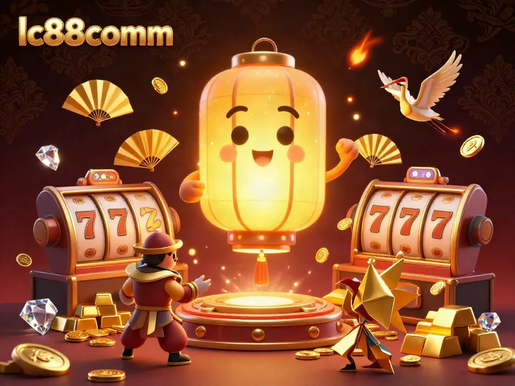 Win big with lc88comm in this vibrant casino scene featuring a golden lantern spirit and dynamic slot elements.