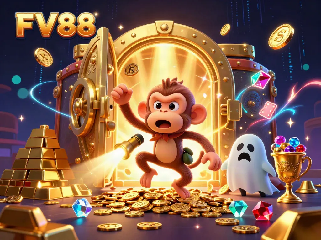 Experience the thrill with FV88 as golden gaming treasures swirl in a haunted casino scene.