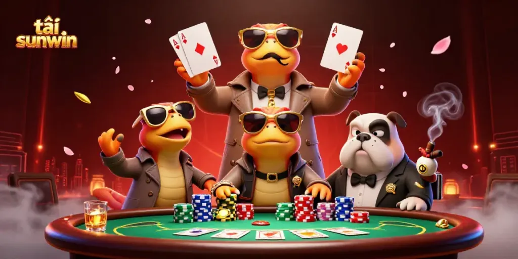 Experience excitement as you tải sunwin in this vibrant casino scene with dynamic raptors and poker elements.