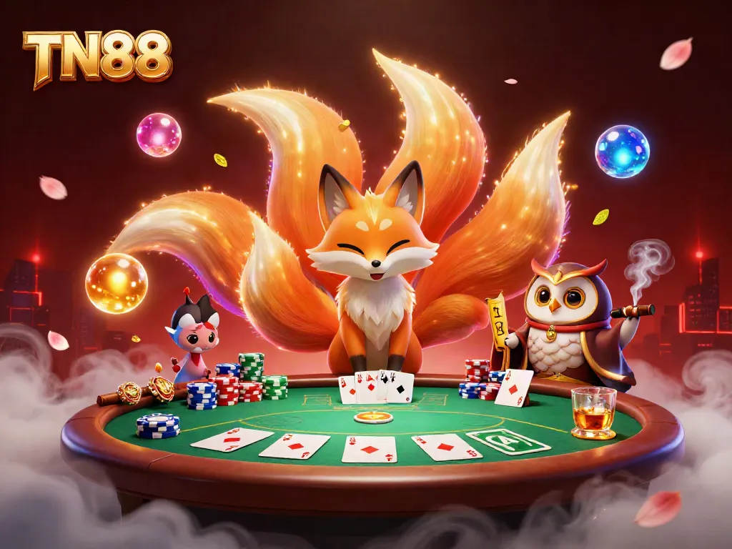Engage in thrilling poker action with TN88, depicted by a vibrant illustration of a nine-tailed fox and an owl sage.