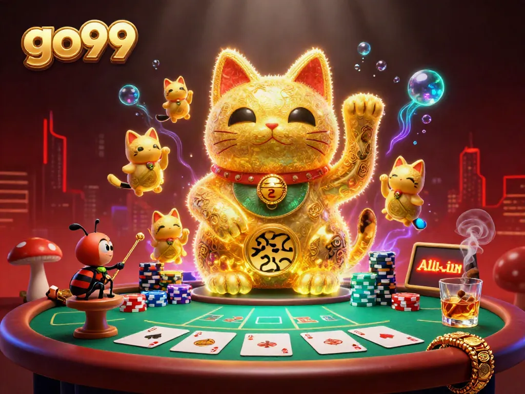 Engage with go99's casino experience, showcasing a vibrant scene with a lucky cat and poker elements.