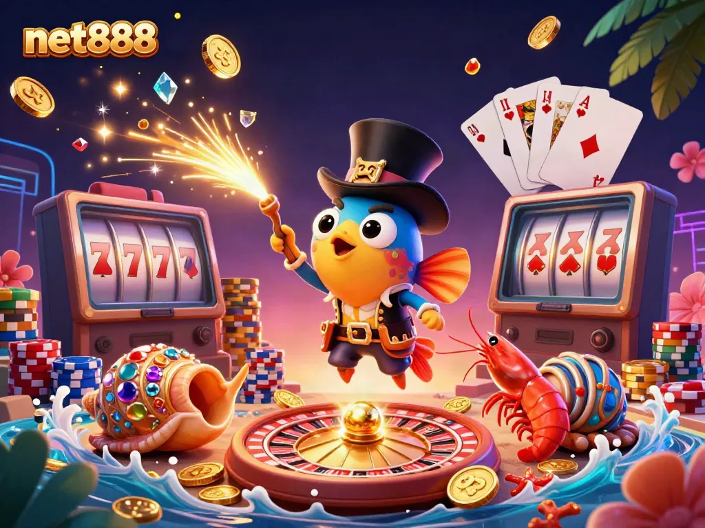 Experience the thrill of gaming with net888 featuring a 3D anglerfish and pirate shrimp amid golden coins.