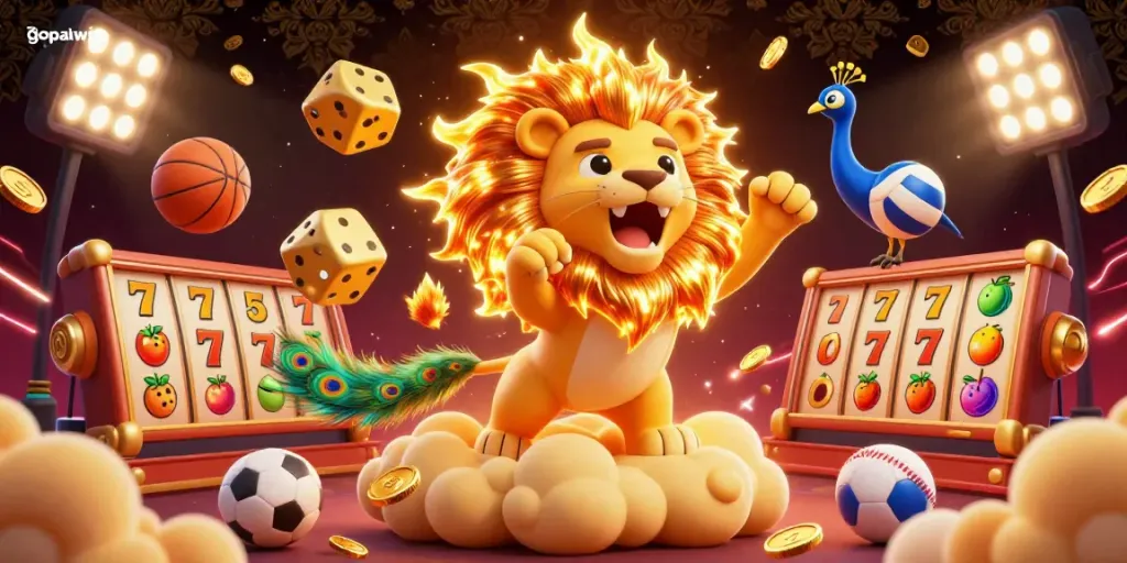 Experience the excitement of gopalwin with a vibrant scene featuring a lion, golden dice, and dynamic game elements.