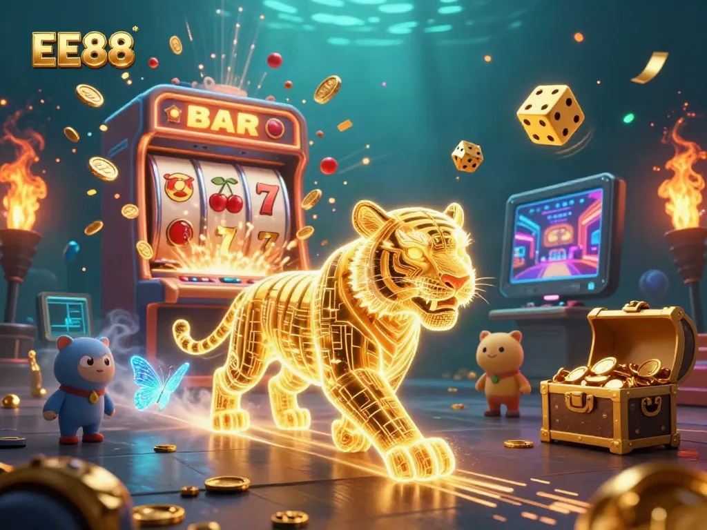 Experience the thrill of EE88 with a golden tiger and jackpot in a vibrant casino landscape.