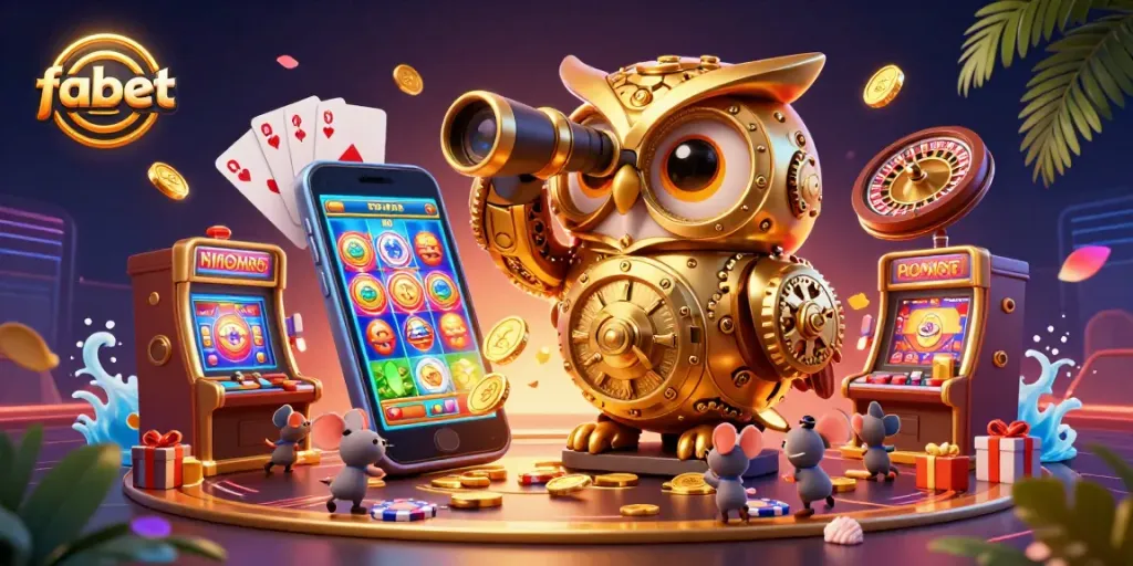Experience fabet's thrilling casino atmosphere with a golden owl surveying lively slot machines.