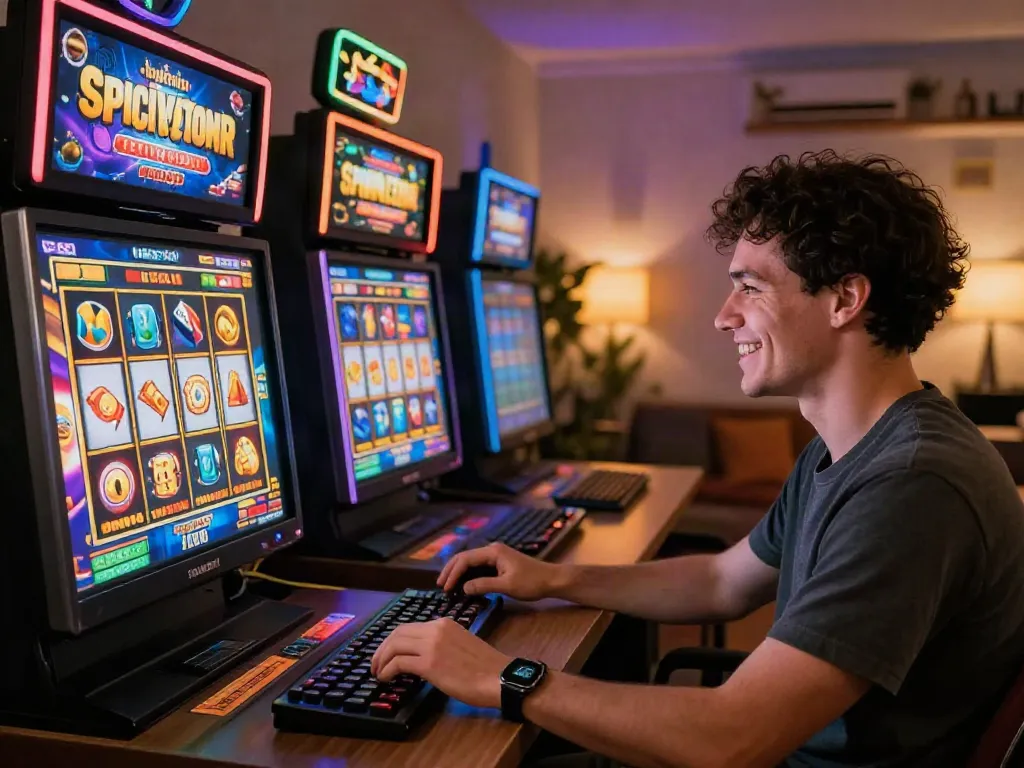 Excited gamer playing lumbung88 online slots in a vibrant home office.