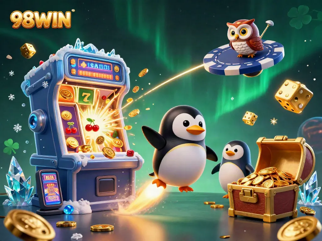 Experience the thrill of 98WIN with vibrant casino elements and a golden penguin in space.