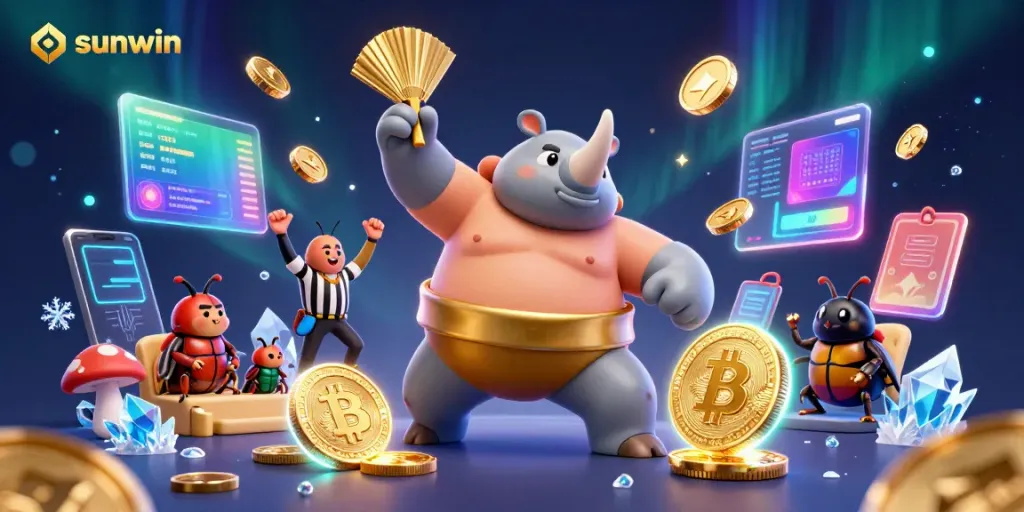 Engage in thrilling gameplay with Sunwin, featuring the sumo champion beetle amidst dynamic casino elements.