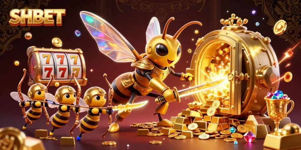 Experience the thrill of SHBET with vibrant casino elements featuring a golden hornet samurai and gem-filled treasures.