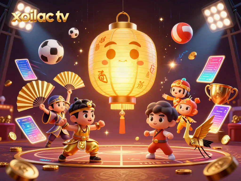 Xoilac TV showcases exhilarating sports betting actions with dynamic 3D illustration of golden lantern spirit above a vibrant casino.