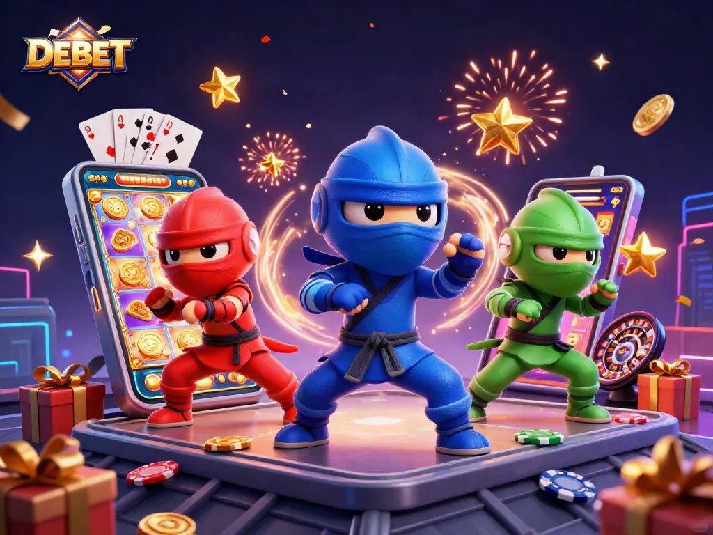 DEBET showcases a vibrant casino scene with ninja chameleons and exciting gaming elements.