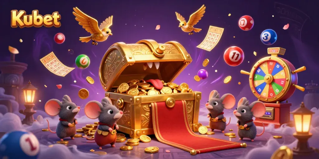 Kubet offers thrilling gambling experiences featuring a dynamic 3D scene of a golden treasure chest, attracting adventurer mice with colorful lottery elements.