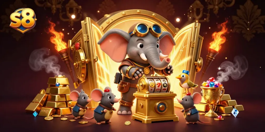 Experience winning with S8 as a steampunk elephant operates a golden slot machine amid riches.
