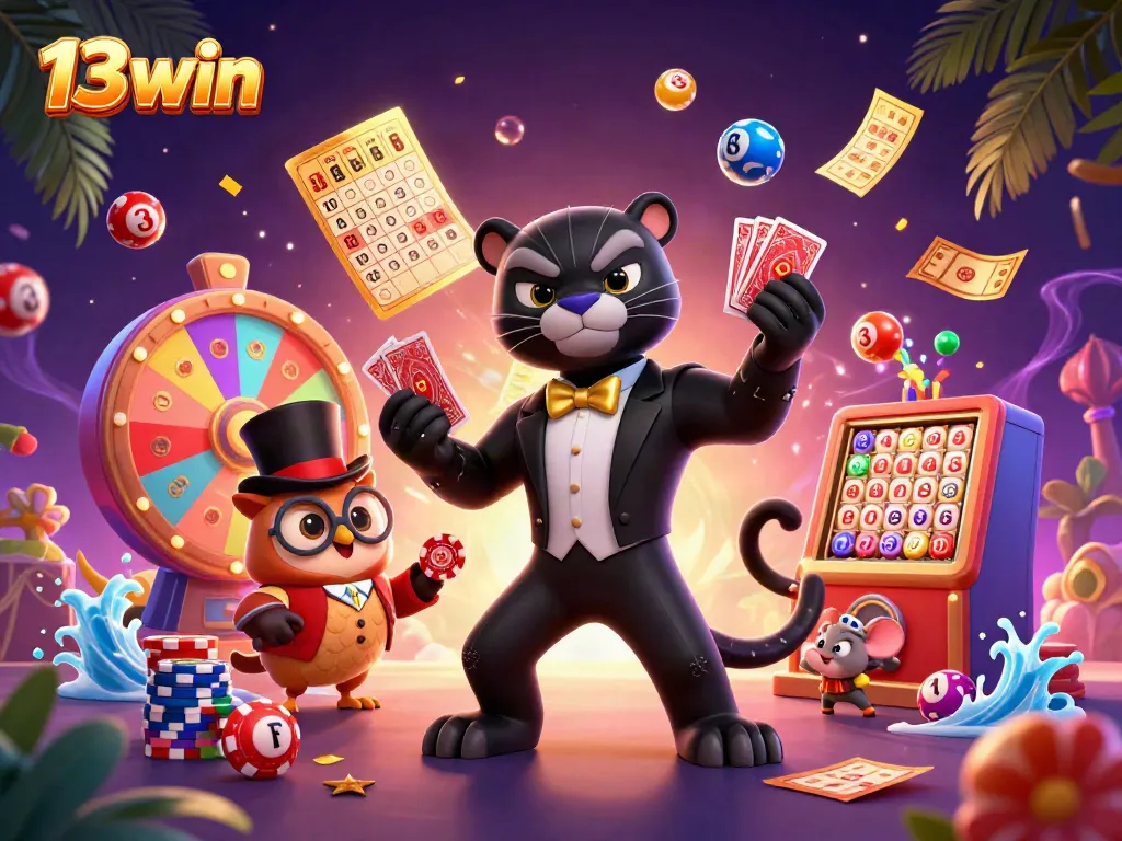 Engage with 13win's vibrant casino world, showcasing a black panther dealer, owl, and mouse amidst lottery elements.