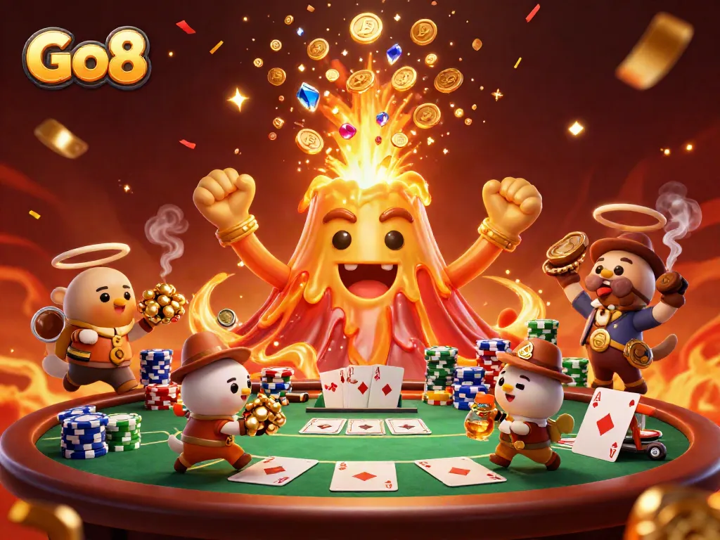 Experience the thrill of Go8 gaming with animated treasures from a volcano and poker elements!