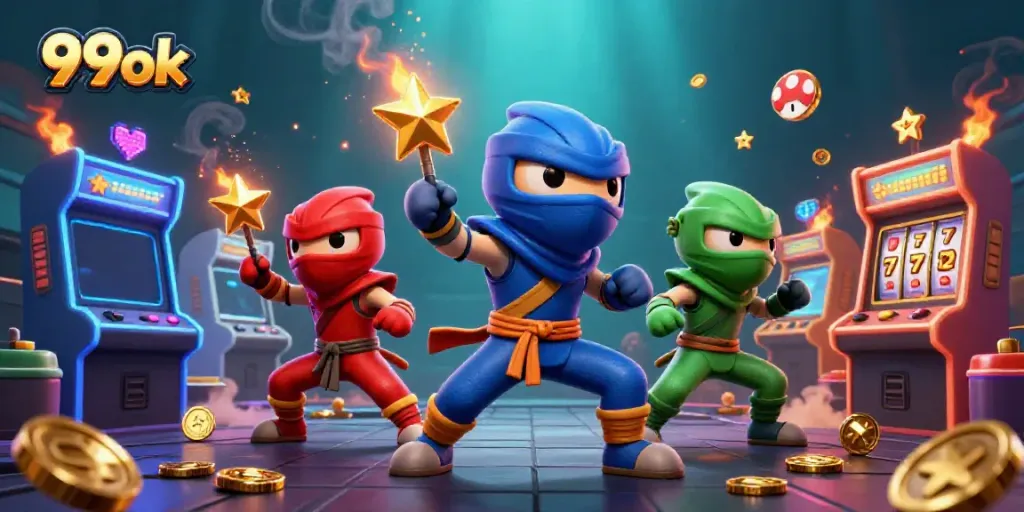 Exciting 99ok casino scene featuring ninja chameleons and colorful gaming machines