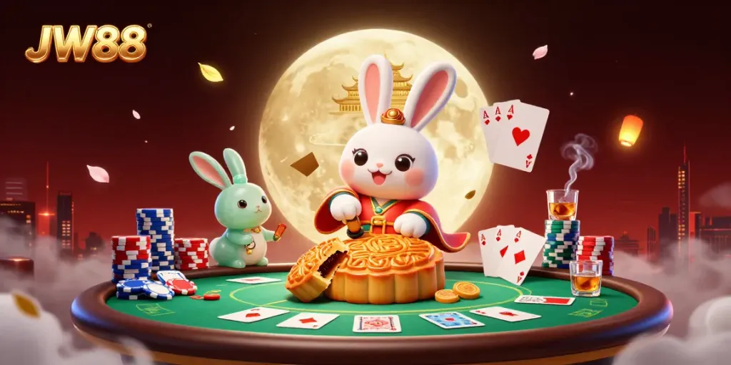 Experience JW88's vibrant gaming world through a whimsical moon rabbit scene featuring poker elements and folklore.