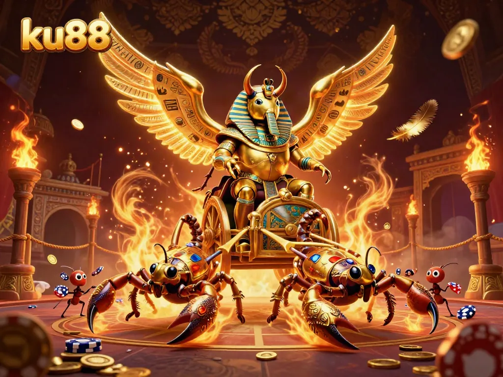 Experience thrilling gaming action with the ku88 colossal golden scarab beetle and scorpion chariot in a vivid casino setting.