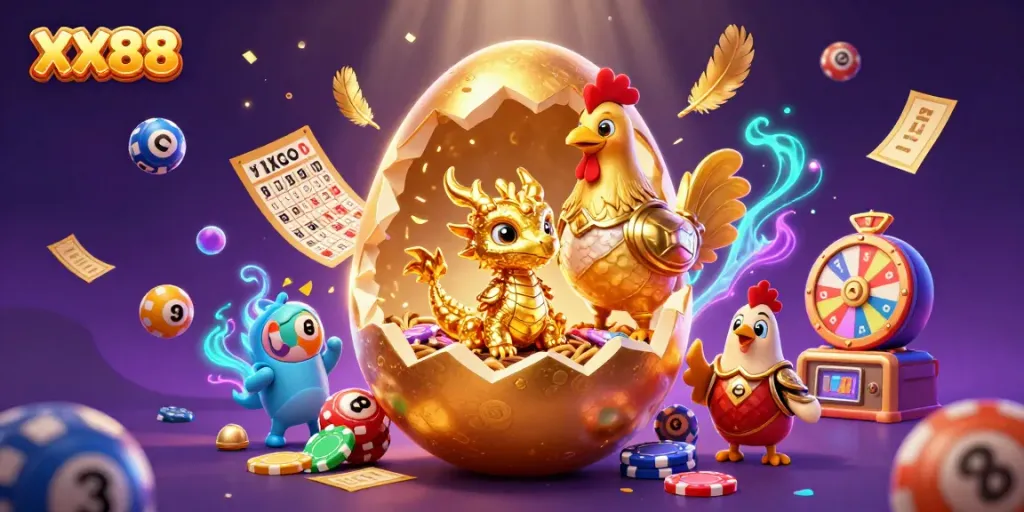 Experience the thrill of winning with XX88 as a golden dragon emerges from a nest of poker chips amidst festive gaming elements.
