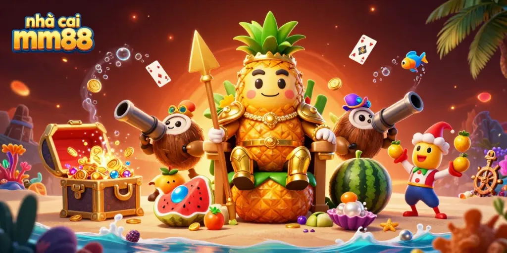 Engage with the vibrant world of nhà cái mm88, featuring a cartoon pineapple king and casino elements.