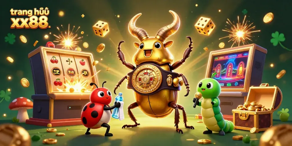 Experience the excitement at trang chủ xx88 with a vibrant cartoon scene featuring a golden stag beetle and casino elements.
