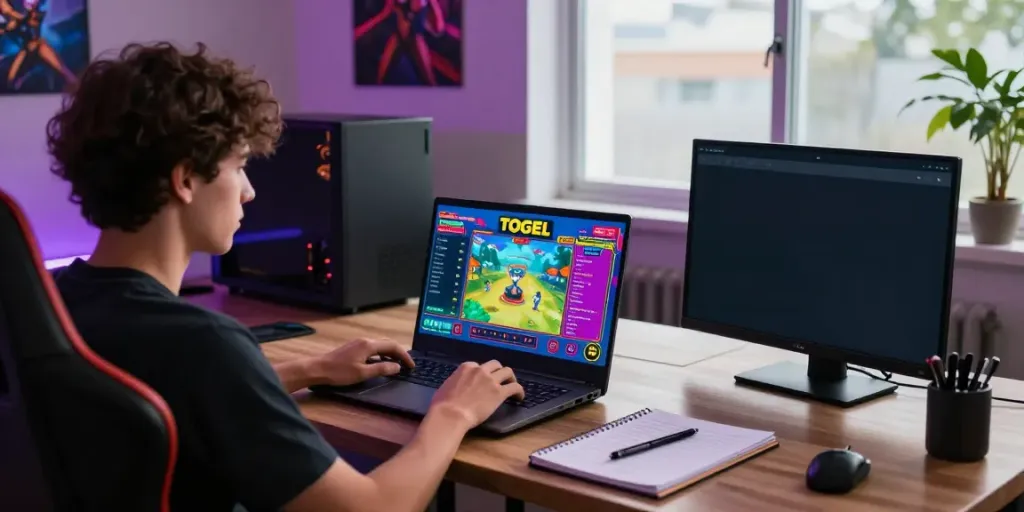 Engaged user playing togel online with vibrant graphics on laptop in a modern home office.