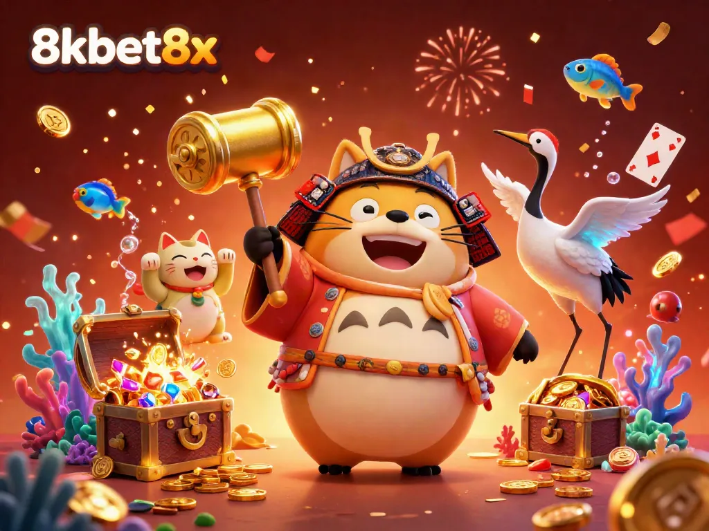 Celebrate wins with the cheerful 8xbet8x tanuki and friends in a vibrant casino scene.