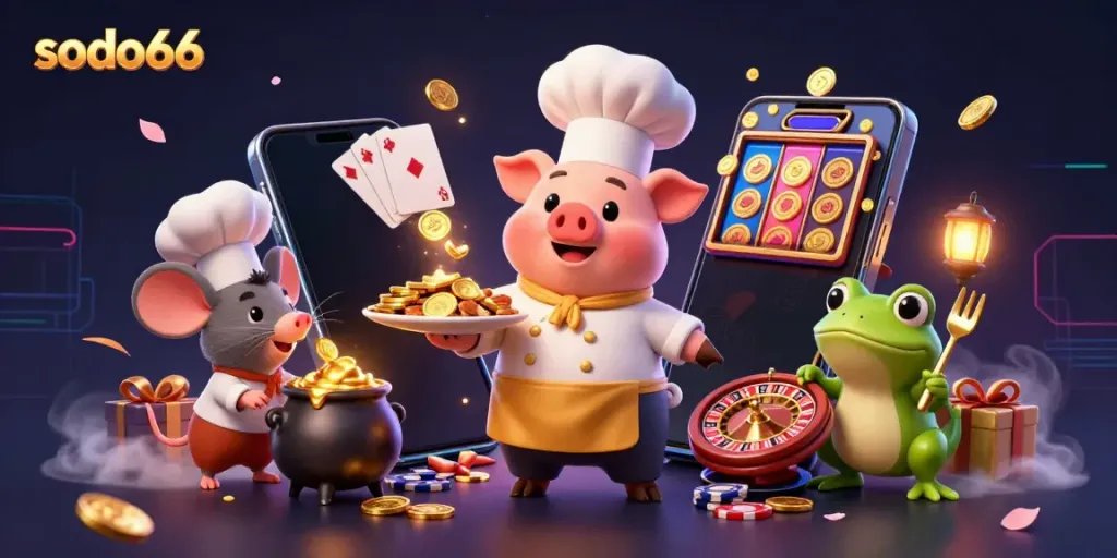 Engage in epic gaming at SODO66 with a lively scene showcasing a chef pig, a mouse, and a frog amidst gold coins and casino elements.
