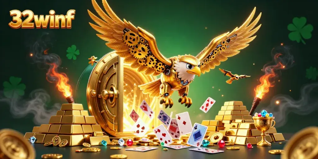 32winf showcases a vibrant 3D casino eagle diving among holographic cards, symbolizing thrilling gameplay.