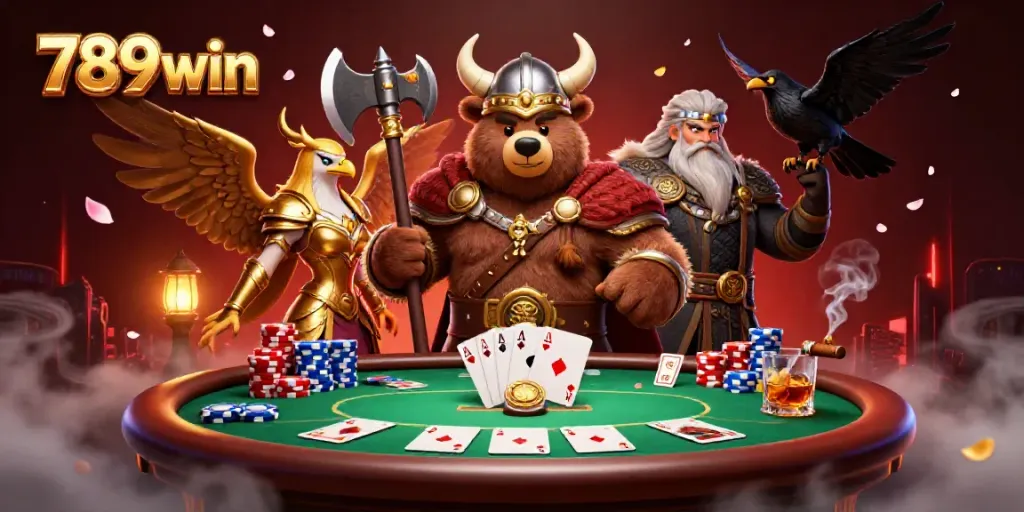 Join the 789win action with a Viking bear and Valkyrie eagle at a vibrant poker table.