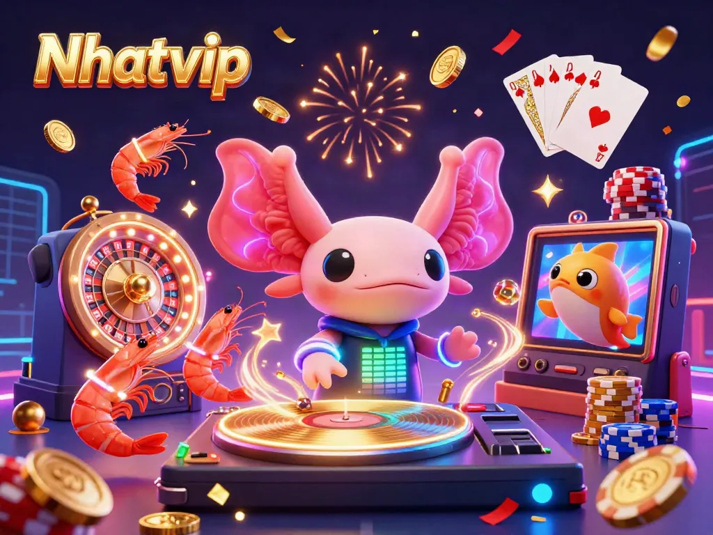 Nhatvip's vibrant 3D illustration shows a neon axolotl DJ surrounded by casino elements and animated sea creatures.