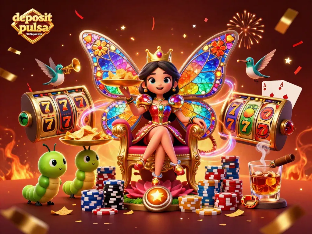 Experience thrilling gameplay with deposit pulsa tanpa potongan at this vibrant casino illustration.
