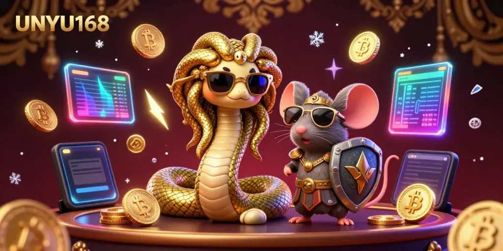 Mengunjungi platform permainan UNYU168 dengan Medusa dan mouse pejuang dalam ilustrasi 3D.