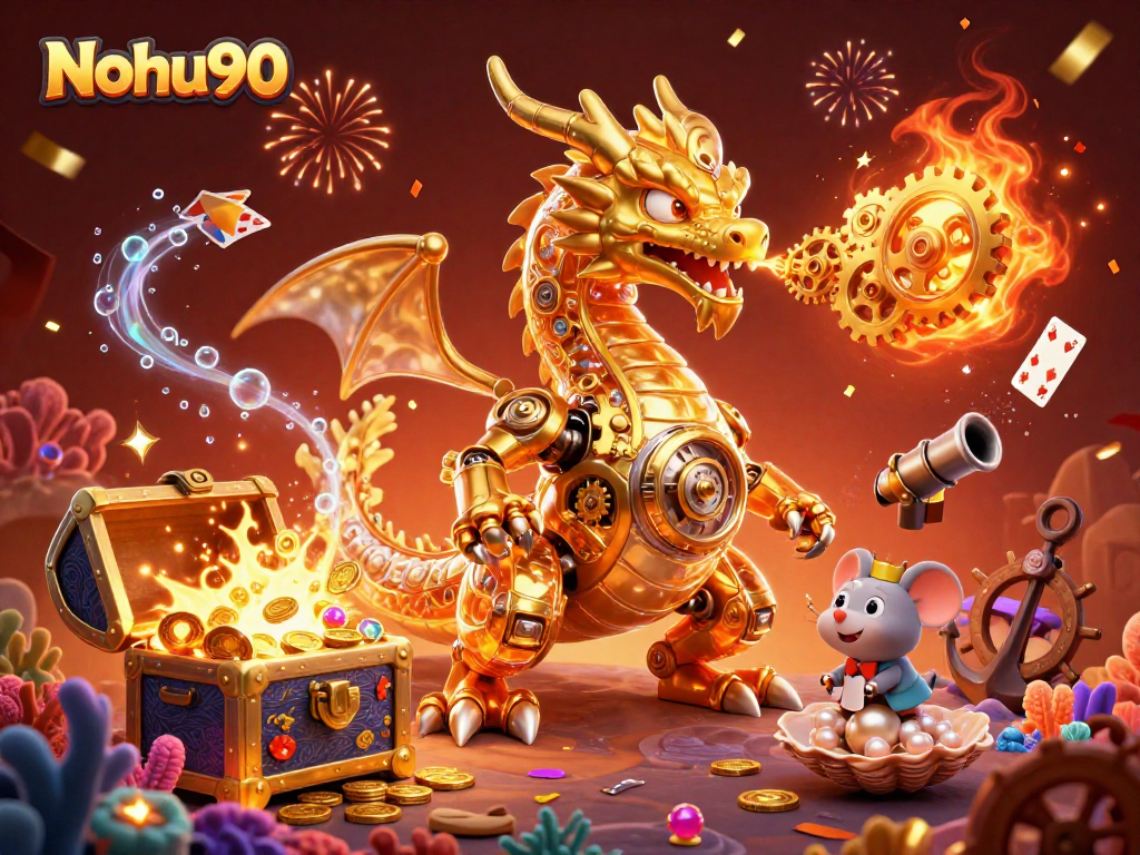 Nohu90 showcases a golden dragon amidst treasure and celebration in a vibrant casino scene.
