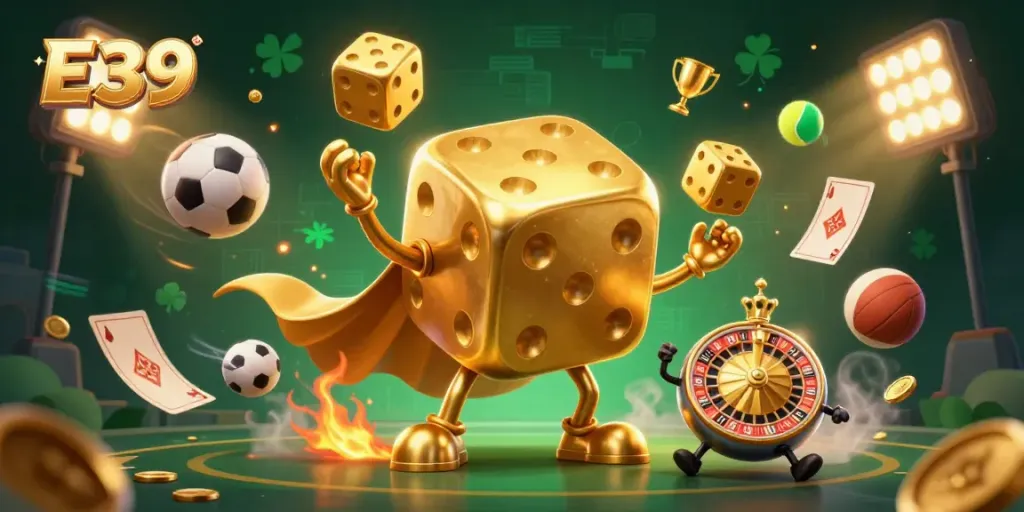 Experience thrilling gameplay at E39 featuring dynamic golden dice and vibrant casino elements.