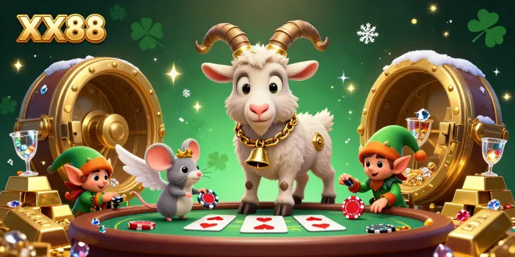 Experience the thrill of winning at XX88 in a vibrant 3D casino scene with festive characters.