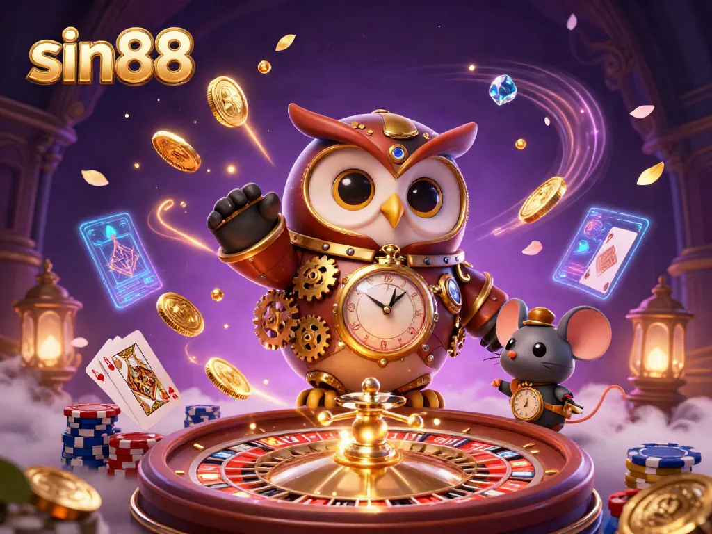 Experience the excitement of sin88 casino with a steampunk owl and vibrant game elements.
