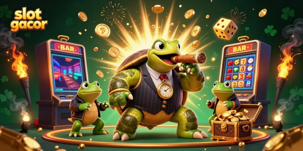 Slot gacor permainan dengan karakter unik dalam adegan kasino yang ramai, penuh kegembiraan.
