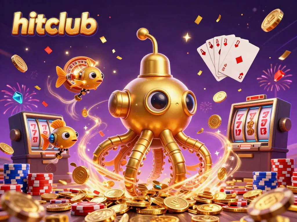 Experience thrilling gameplay with hitclub, featuring a golden kraken submarine among vibrant casino elements.