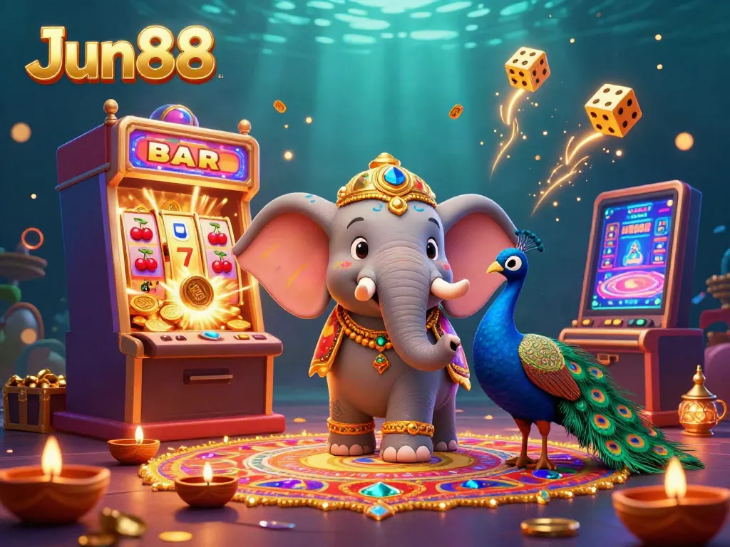 Experience the vibrant virtual world of Jun88 with a dynamic 3D illustration of a colorful casino scene featuring festive characters, slot machines, and rich decorations.