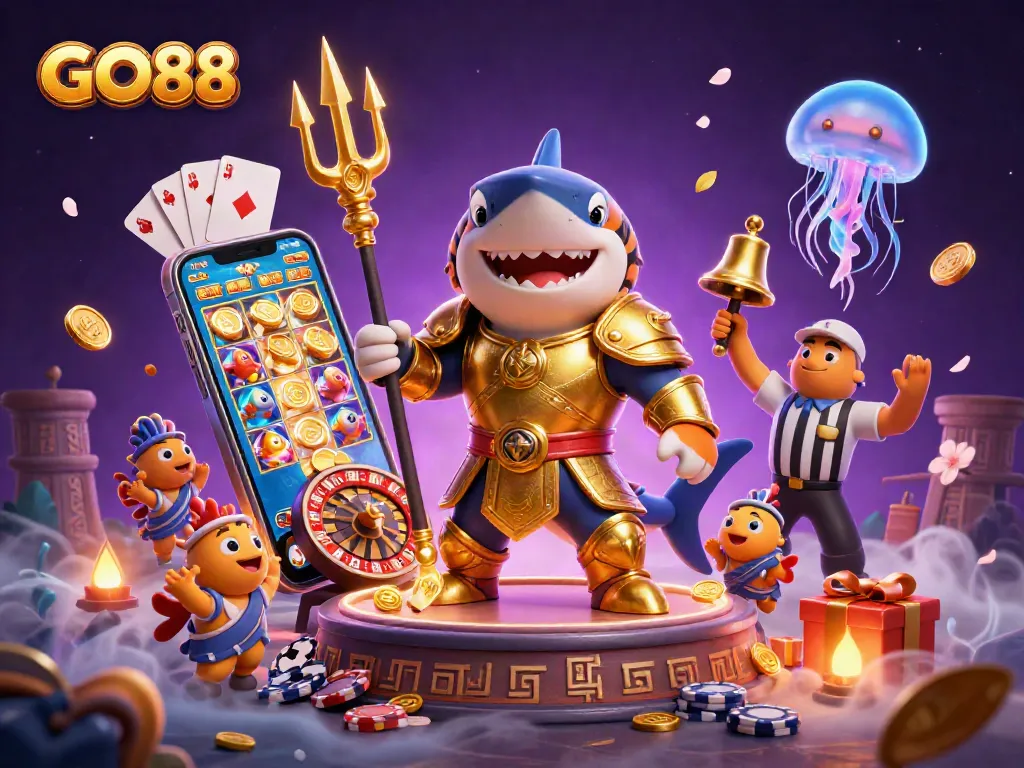 Win big with the vibrant GO88 casino experience featuring a 3D tiger shark in a thrilling underwater colosseum.