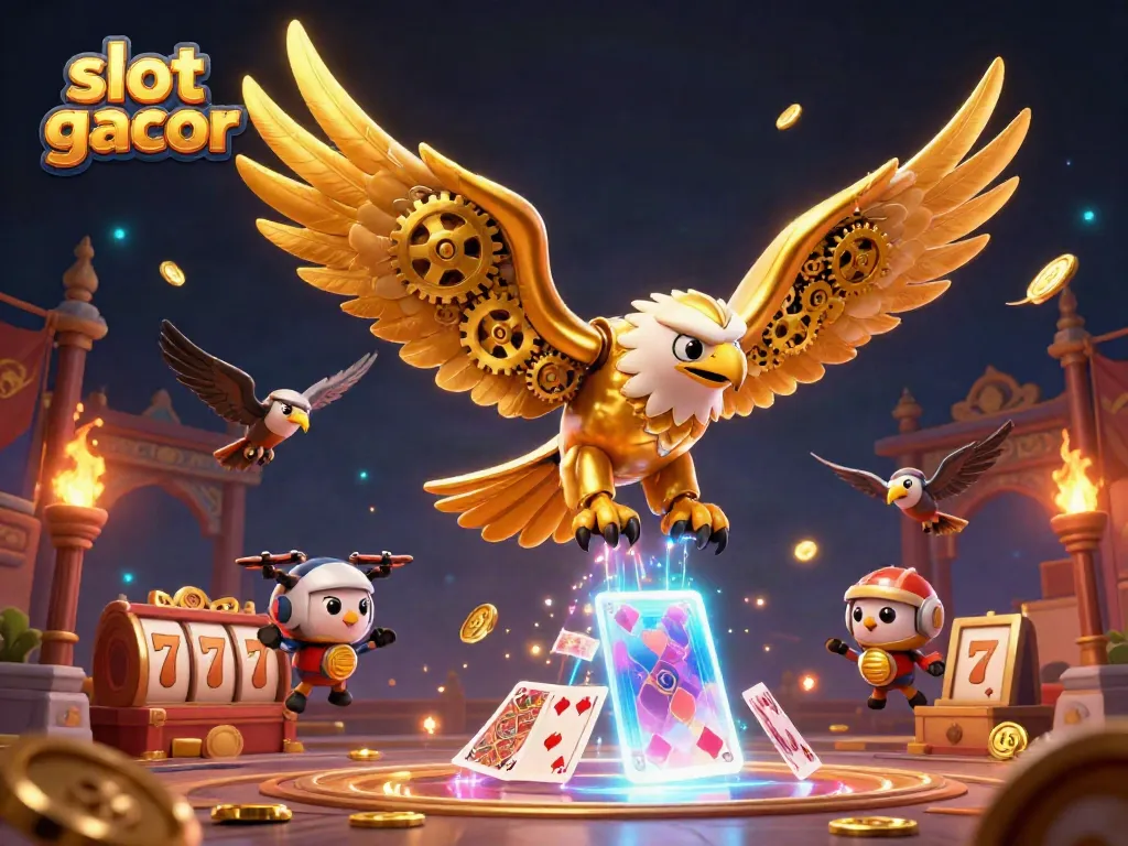 Experience the thrill of slot gacor with a dynamic illustration of a golden eagle diving through playing cards and gold coins.