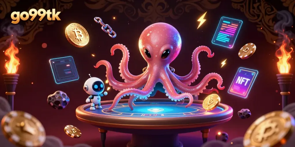 Experience thrilling poker action with go99tk's alien octopus dealer and floating chips in a dynamic casino scene.