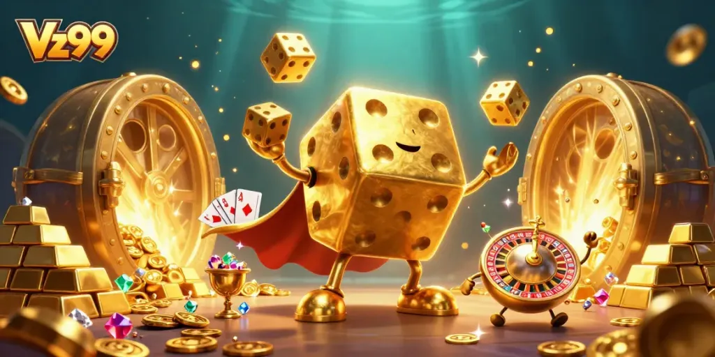Experience the thrill of Vz99 as a golden dice golem juggles fortunes in a dynamic casino scene.